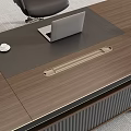 Modern Executive Office Desk With Wooden Top Laptop And Bookshelf Decorations