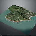 3D Island Model With Green Mountain Terrain And Blue Ocean Surroundings