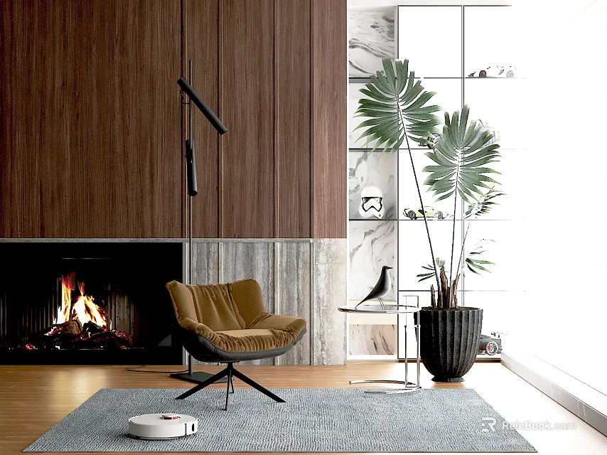 Cozy Brown Leisure Chair in Modern Living Room with Fireplace Wooden Wall and Green Plants 3d model 