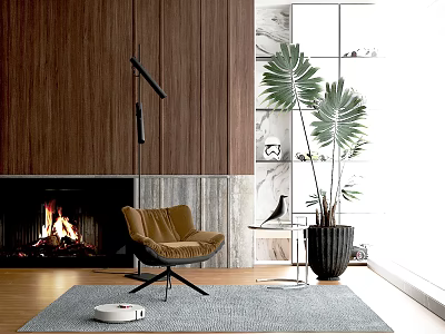 Cozy Brown Leisure Chair in Modern Living Room with Fireplace Wooden Wall and Green Plants 3d model