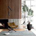 Cozy Brown Leisure Chair in Modern Living Room with Fireplace Wooden Wall and Green Plants