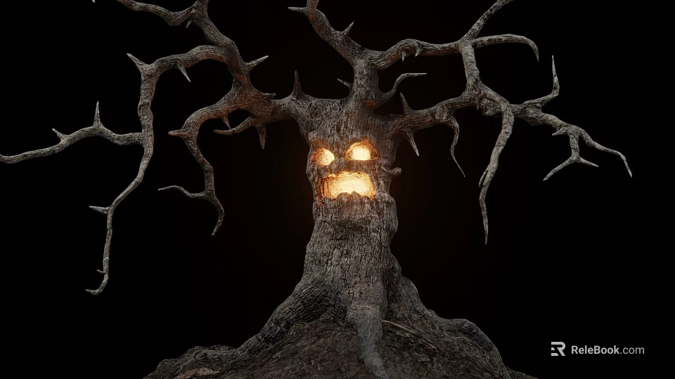 Mystical Gnarled Tree Fantasy Game Character With Glowing Eyes And Grinning Mouth 3d model 