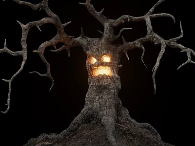 Mystical Gnarled Tree Fantasy Game Character With Glowing Eyes And Grinning Mouth 3d model