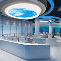 Modern Public Office Interior With Blue Walls White Desks Gray Chairs Computer Monitors And Shelves