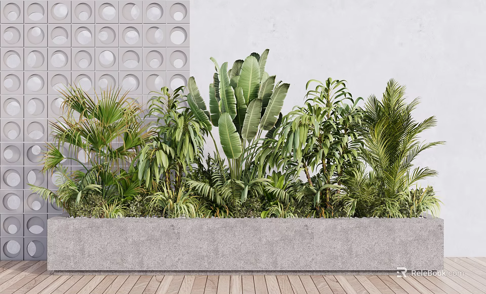Various Green Potted Plants In Grey Concrete Rectangular Planter With White Wall And Wooden Floor 3d model 