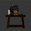 Rustic Wooden Table With Cast Iron Cauldron Wooden Spoon White Candle Oranges Knife And Barrel