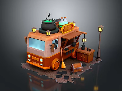 Enchanted Food Truck 3D Model With Cauldron Potion Bottles Broom And Street Lamp 3d model
