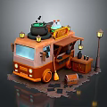 Enchanted Food Truck 3D Model With Cauldron Potion Bottles Broom And Street Lamp