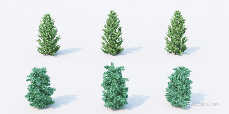 Six Green Shrubs with Different Shapes Displayed on White Background 3d model 