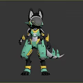 Mechanical Creature Character With Black Green Gold Armor Pointed Ears Futuristic Design Claws And Tail