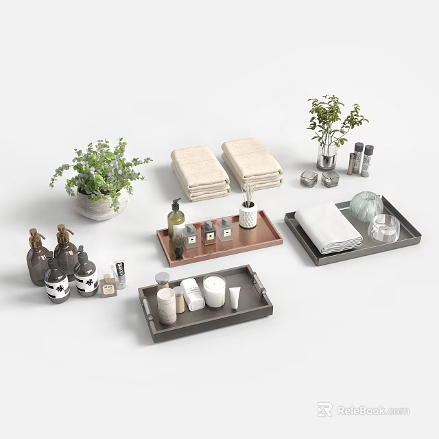 Elegant Decorative Ornament Set with Towels Plants Trays Bottles and Candles for Home Decor 3d model 