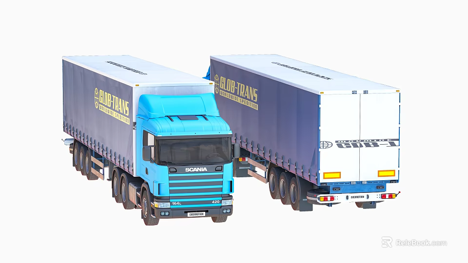 GLOBAL TRANS Blue Cab Trucks With White And Blue Trailers For Transportation 3d model 