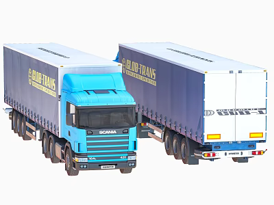 GLOBAL TRANS Blue Cab Trucks With White And Blue Trailers For Transportation 3d model