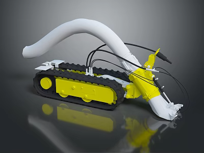 Yellow And White Tracked Mechanical Tool With Long Hose And Metal Components 3d model