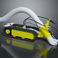 Yellow And White Tracked Mechanical Tool With Long Hose And Metal Components