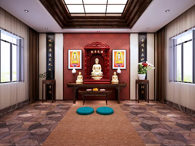 Buddhist Shrine Interior With Buddha Statue Red Wall Calligraphy Scrolls Altar Table Offerings Kneeling Cushions 3d model