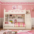 White Bunk Bed In Pink Kids Room With Ladder Bookshelf Drawers Plaid Bedspread And