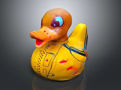Yellow Rubber Duck Doll With Purple Blue Eyes And Decorative Patterns 3d model