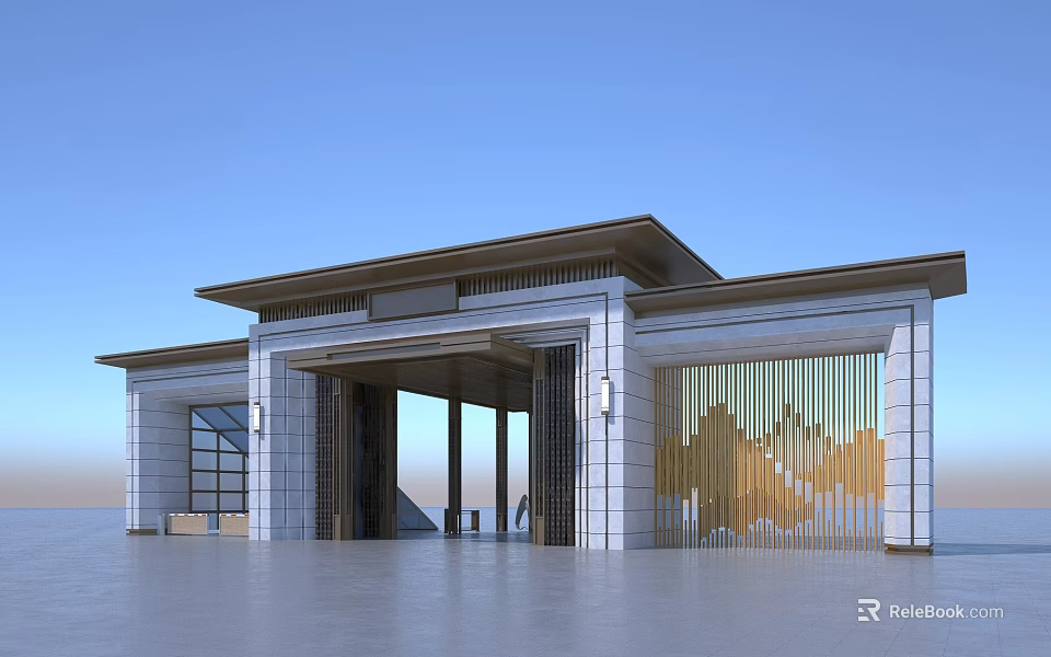 Modern Entrance Gate Design With Marble Walls Metal Decorations And Roof Structure 3d model 