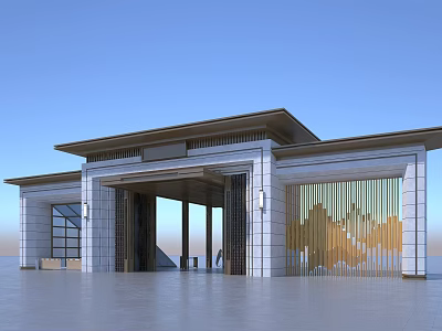 Modern Entrance Gate Design With Marble Walls Metal Decorations And Roof Structure 3d model