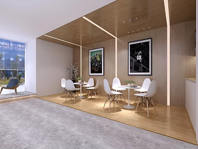 Modern Lounge Area With Open Design Wooden Walls White Tables Chairs And Lighting 3d model