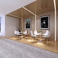 Modern Lounge Area With Open Design Wooden Walls White Tables Chairs And Lighting