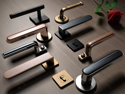 Modern Door Handles Collection Showcasing Various Metal Designs And Color Finishes 3d model