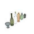 Ceramic Vessels Featuring Green Transparent Bottles Decorative Cup on Wooden Table with Hanging Lamp