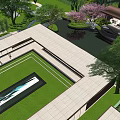Serene Garden Landscape With Lush Trees Lawn Seating Areas And Pathways