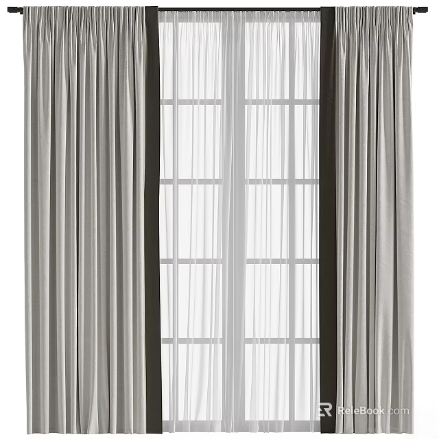 Modern Layered Window Curtains With Sheer Panels And Neutral Fabric Drapes 3d model 