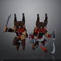 Two Men in Red Warrior Armor with Horned Helmets Holding Swords and Staffs