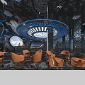 Modern Luxury KTV Interior With Blue Lighting Round Ceiling Marble Floor And Bar Counter