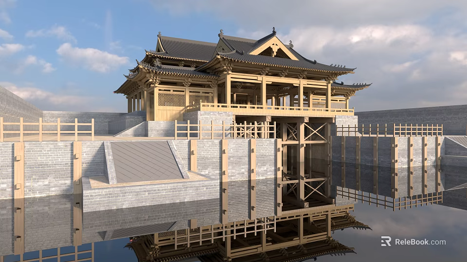 Ancient Chinese Architecture Featuring Wooden Structure Ornate Roof Eaves and Water Reflection with Stone Steps 3d model 