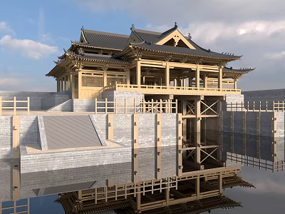 Ancient Chinese Architecture Featuring Wooden Structure Ornate Roof Eaves and Water Reflection with Stone Steps 3d model