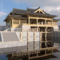 Ancient Chinese Architecture Featuring Wooden Structure Ornate Roof Eaves and Water Reflection with Stone Steps