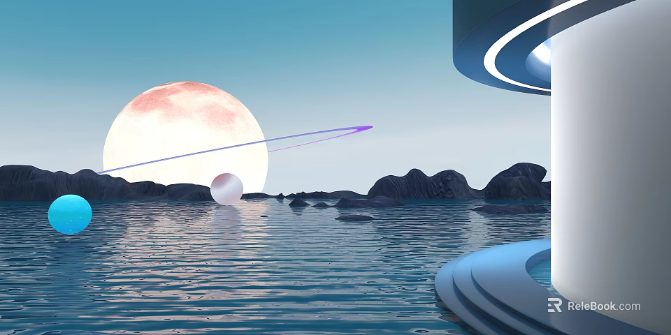 Cartoon Scene Featuring Giant Pink Moon Calm Water Surface White Sphere Rocks And Futuristic Structures 3d model 