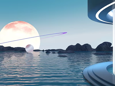 Cartoon Scene Featuring Giant Pink Moon Calm Water Surface White Sphere Rocks And Futuristic Structures 3d model