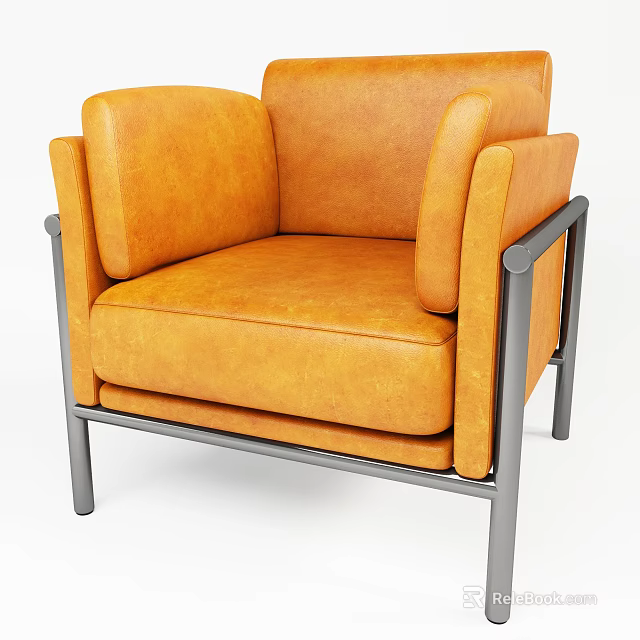 Comfortable Orange Leather Single Sofa With Metal Frame And Modern Design 3d model 