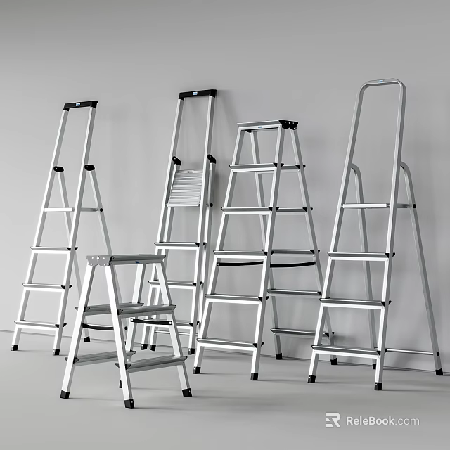 Various Types of Silver Metal Ladders in Different Sizes Against White Background 3d model 