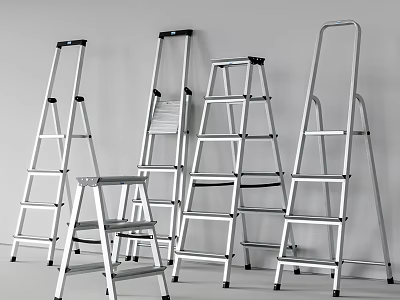 Various Types of Silver Metal Ladders in Different Sizes Against White Background 3d model