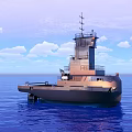 Modern Seagoing Vessel With Tower Floating On Blue Ocean Under Cloudy Sky
