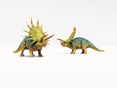 Two Colorful Dinosaur Figures With Spikes And Horns On White Surface 3d model