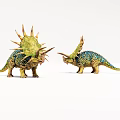 Two Colorful Dinosaur Figures With Spikes And Horns On White Surface