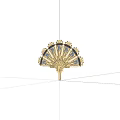 Ornate Golden Vintage Fan With Blue Decorative Panels And Intricate Rib Patterns