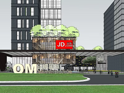 Modern Office Building With Greenery Top JD Logo OM Sign Glass Wall Lawn And Pedestrians 3d model