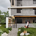 Modern Style Detached Villa With Large Glass Windows Gray Exterior And Green Lawn
