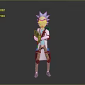Serious Blue Haired Character Wearing Lab Coat With Yellow Pants Mechanical Legs Holding Weapon