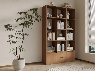 Modern Wooden Bookcase Interior With Books Decorative Items And Potted Plant 3d model