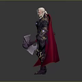 Man with white long hair in black armor golden decorations red cape holding purple gem weapon