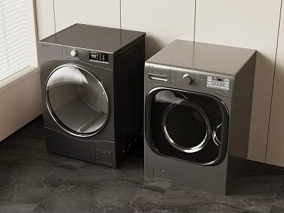 Modern Black Washing Machine And Dryer In Home Interior Setup 3d model